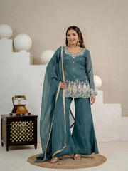 Rama Blue Sequins Embroidered Suit with dupatta draped over shoulder