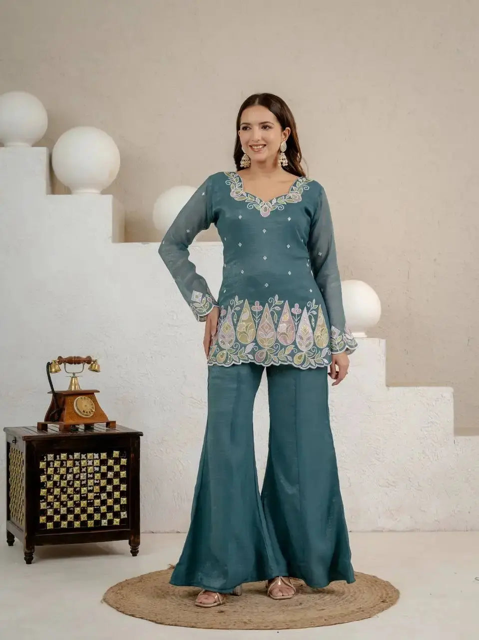 Close front view of Rama Blue Sequins Embroidered Suit without dupatta