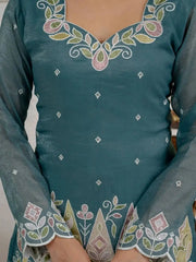 Sweetheart neck embroidery detail on Rama Blue Sequins Embroidered Suit