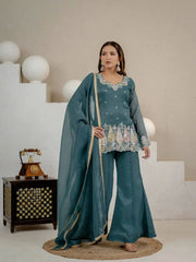 Rama Blue Sequins Embroidered Suit side view with dupatta extended