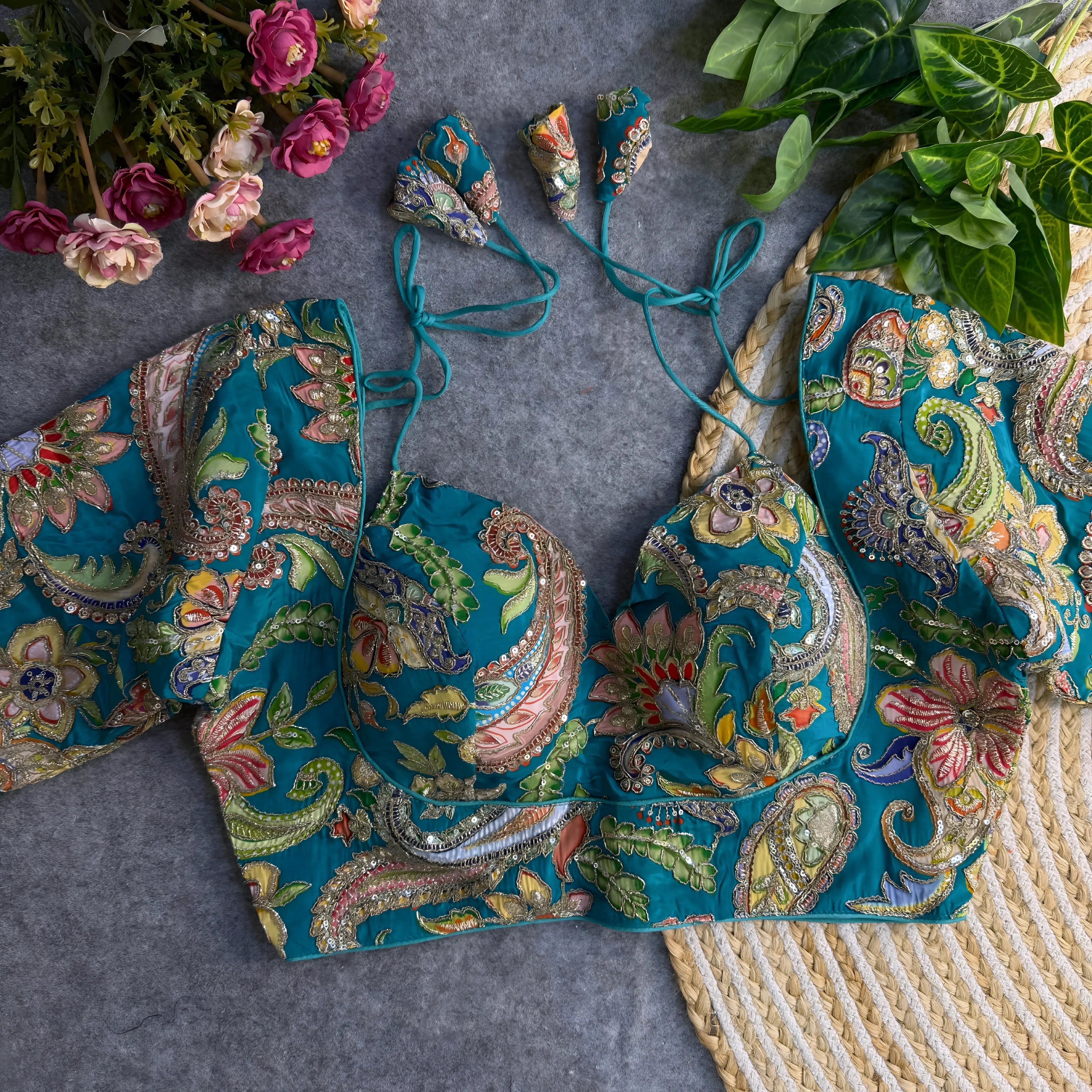 Teal padded blouse with intricate multicolor floral and paisley embroidery, sequin accents, and tie-back detail, displayed on a grey surface with artificial flowers and green leaves in the background.