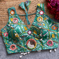 Rama Blue Soft Silk Embroidery with Mirror Work Blouse