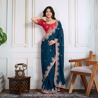 Rama Blue Embroidery with Piping Border Work Star Georgette