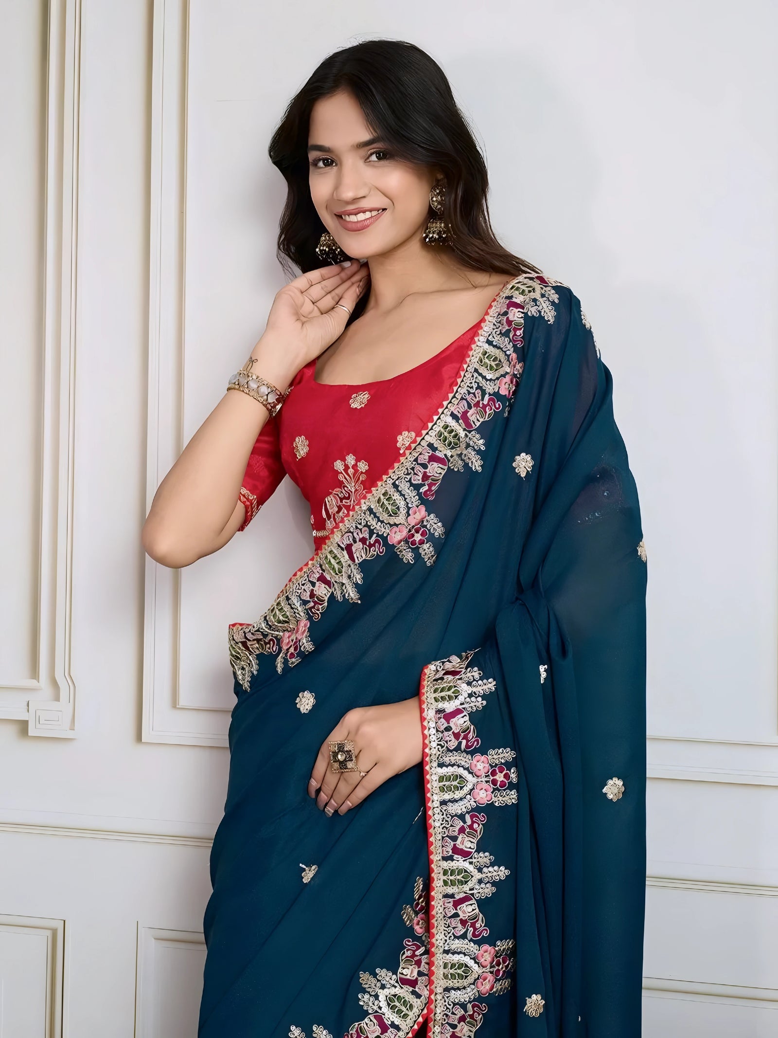 Rama Blue Embroidery with Piping Border Work Star Georgette