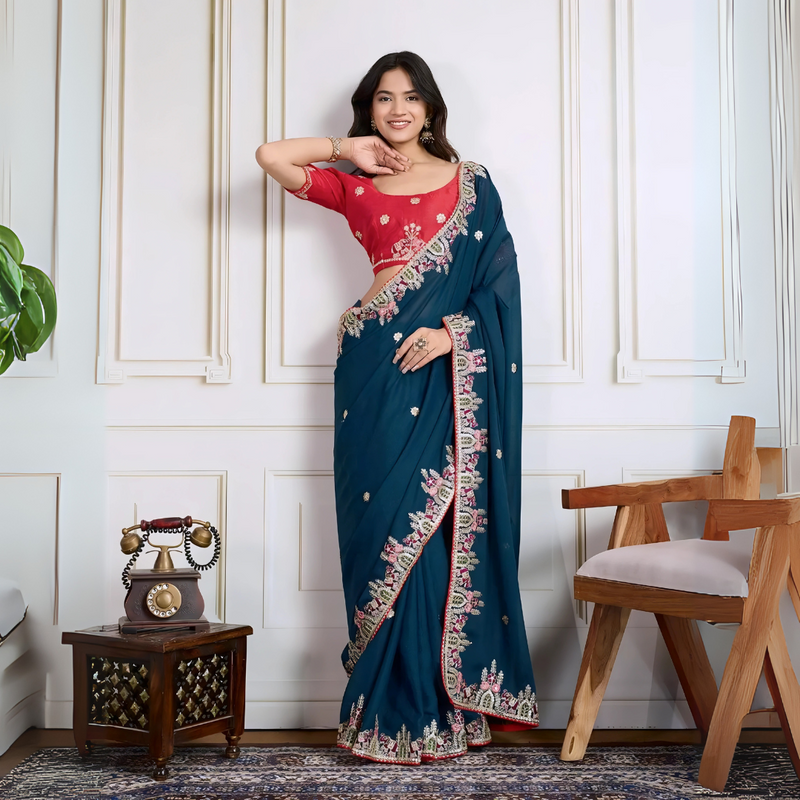 Shop Rama Blue Georgette Embroidery Saree | Kalyanja