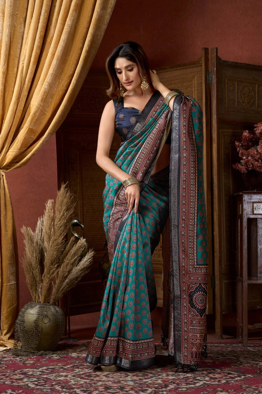 Rama Blue Ajrakh Print Jacquard Weaving Heavy Cluster Saree