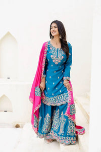 Rama Blue Coding Sequins Work Chinon Silk Suit