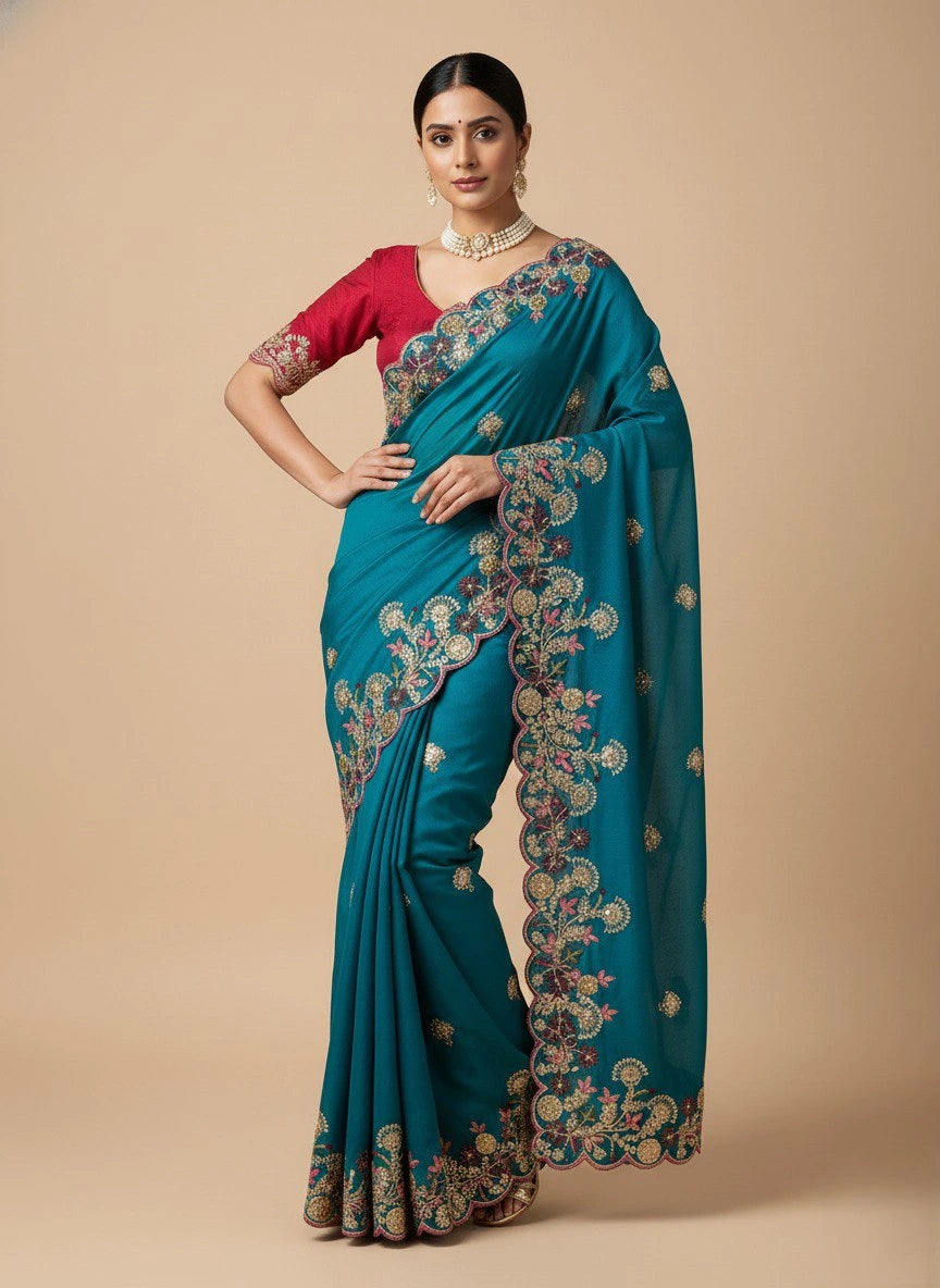 Woman wearing a teal saree with intricate patterns on a beige background