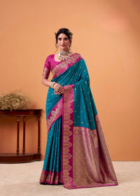 Rama Blue Floral Print Linen Silk Saree