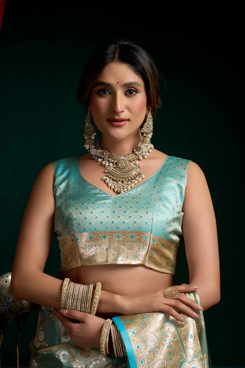 Woman wearing a traditional outfit with jewelry against a dark background