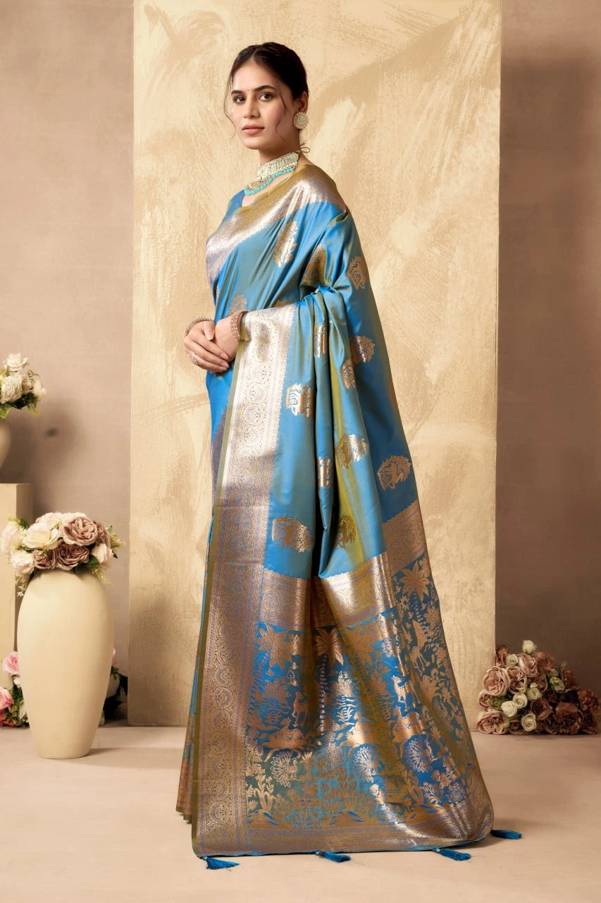 Woman wearing a blue and silver saree with a neutral background