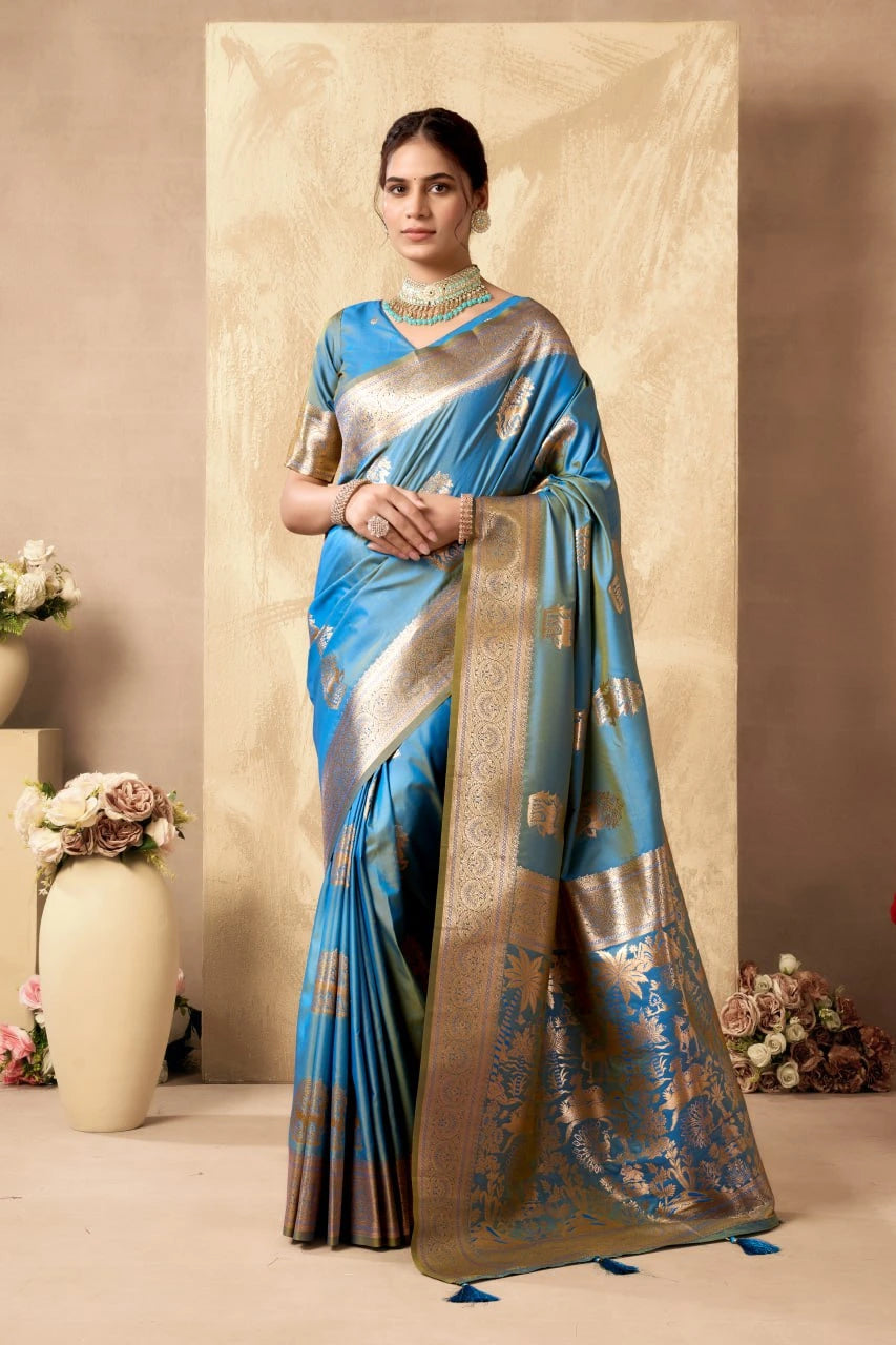 Woman wearing a blue and silver saree with a neutral background