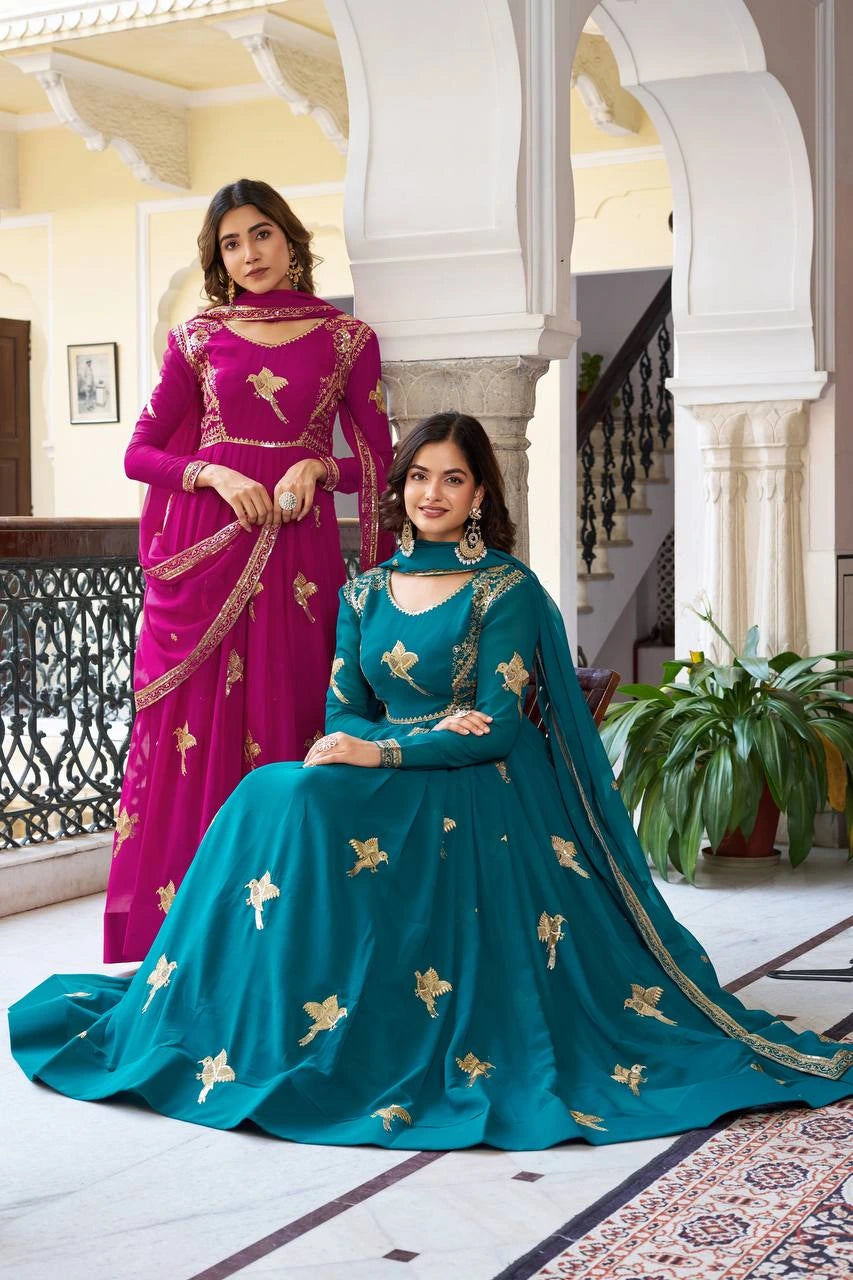 Kalyanja Fashion product page showcasing Rama blue sequins and thread work suit