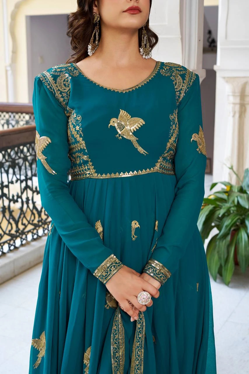 Handcrafted Rama blue suit with delicate sequins and embroidery patterns