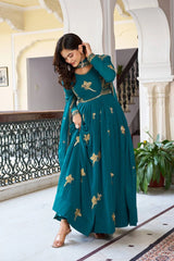 Traditional Indian party wear suit in Rama blue with shimmering sequins showcased online