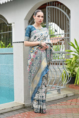 Rama blue Banarasi silk saree with golden zari weaving displayed on mannequin.