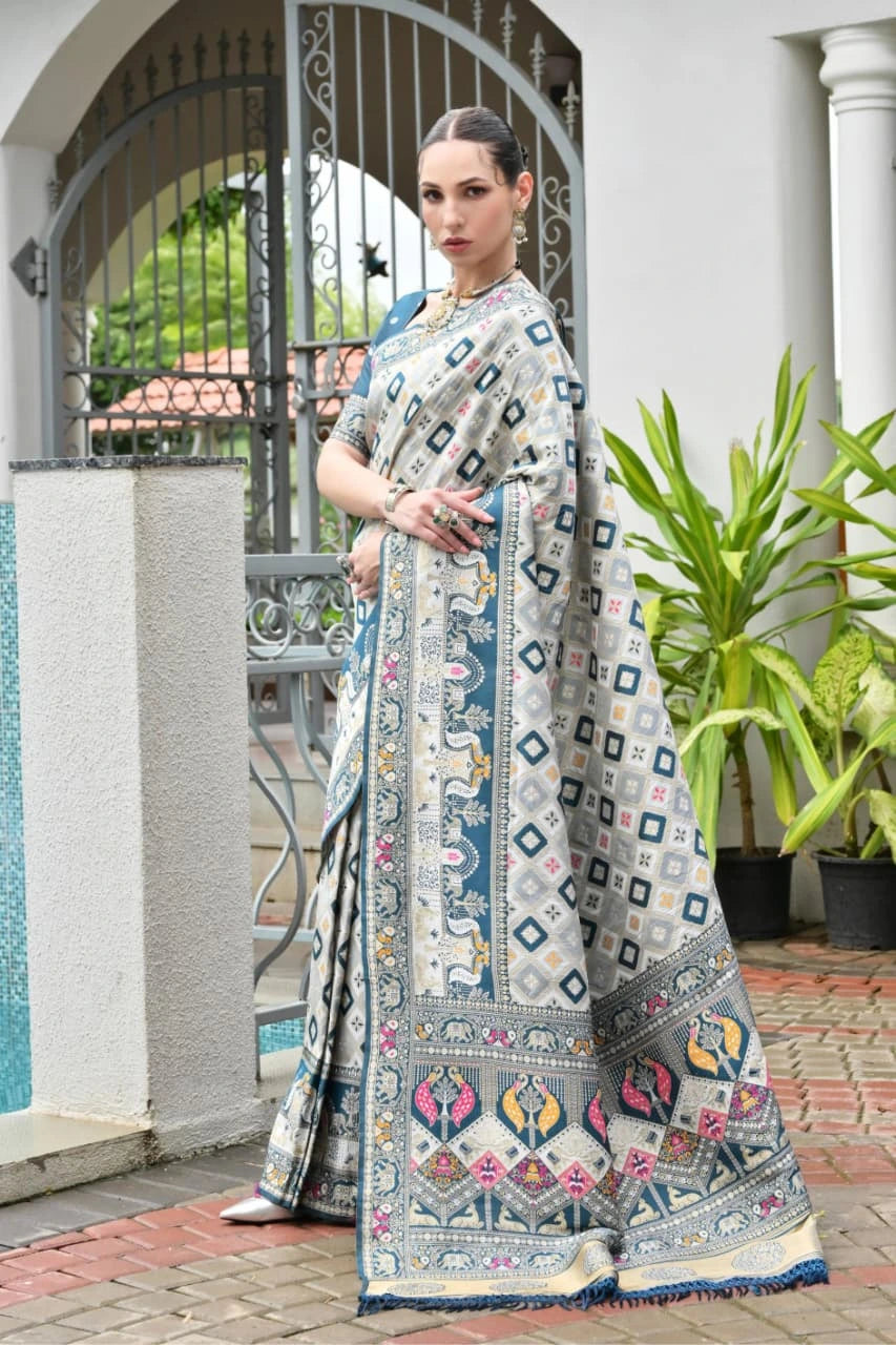 Close-up of Rama blue silk saree highlighting shimmering golden zari craftsmanship.