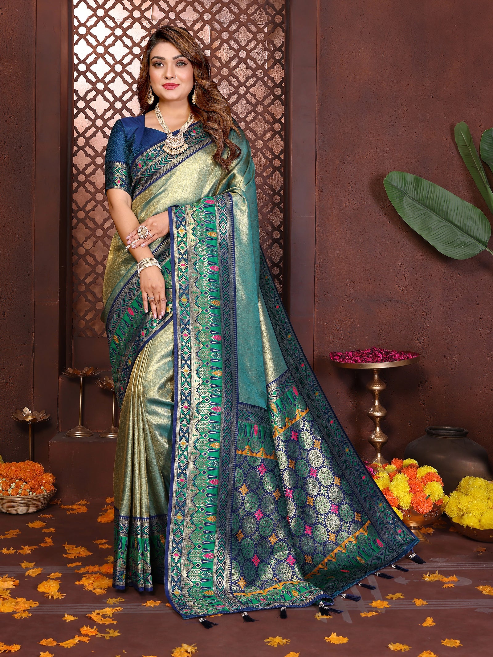 Elegant Rama blue Banarasi tissue silk saree with intricate zari weaving displayed on product page.