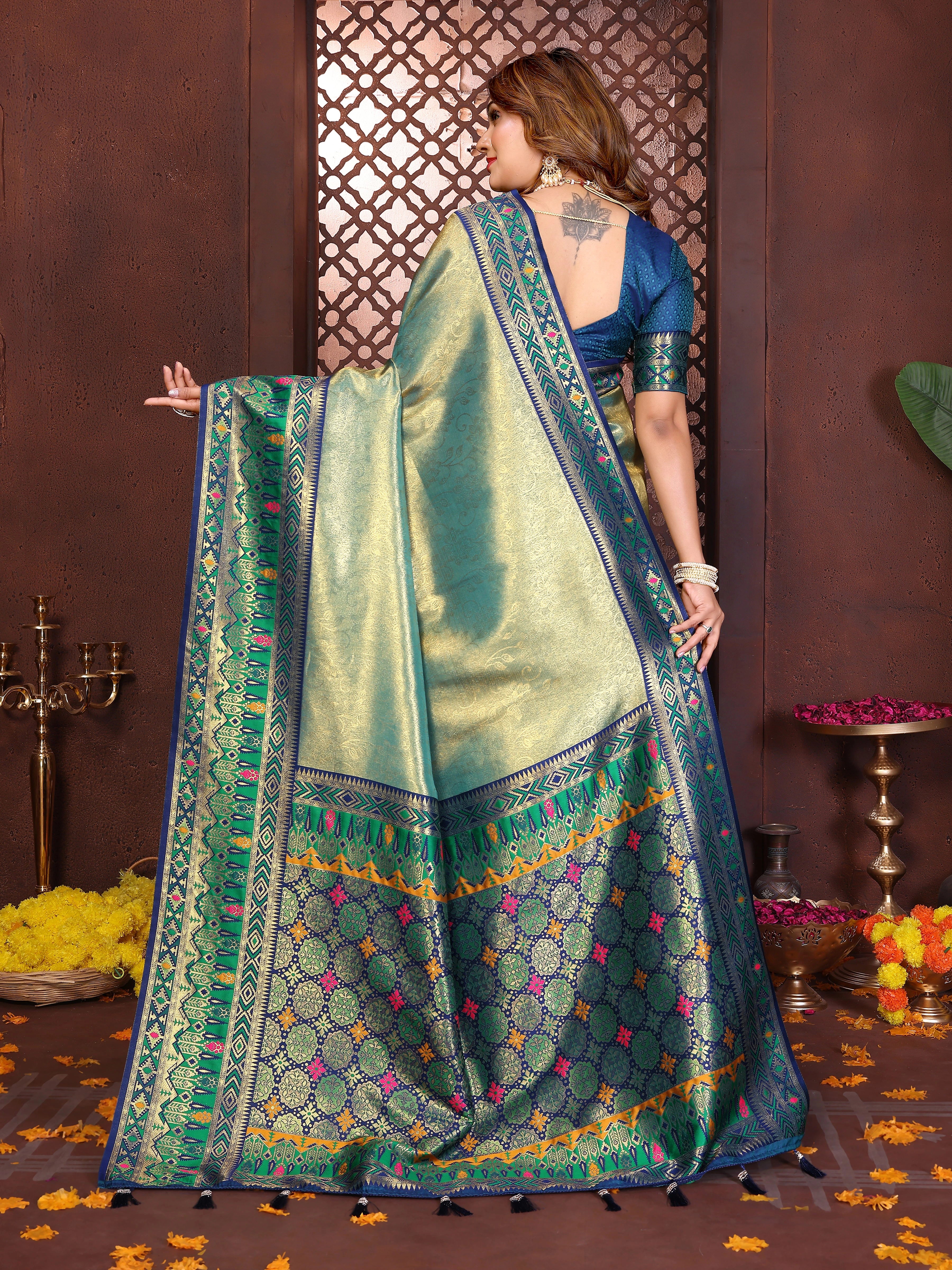 Shopify product listing showcasing Rama blue Banarasi tissue silk saree with ornate zari weaving.