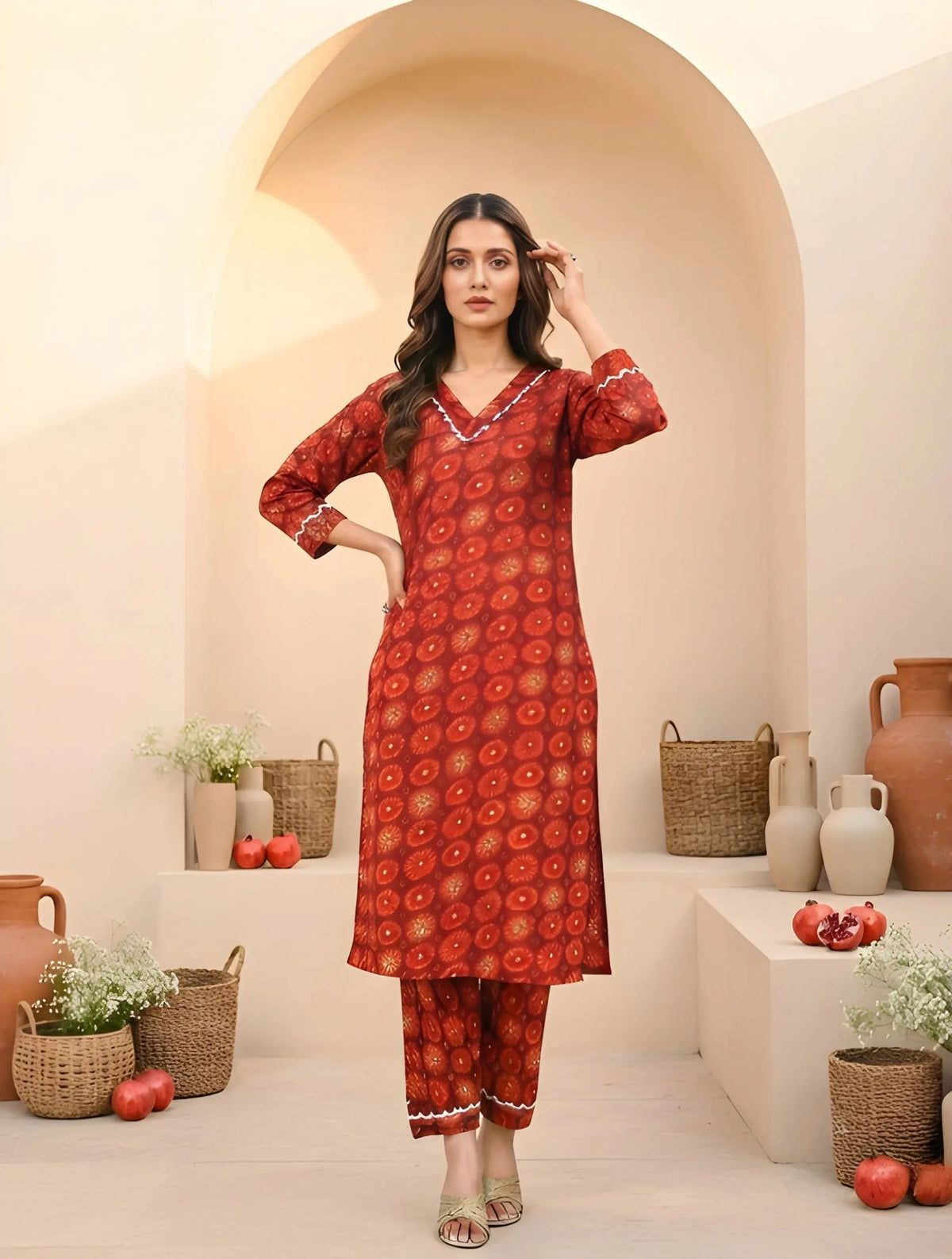 Red Digital Print Kurti with matching straight pants, front angle