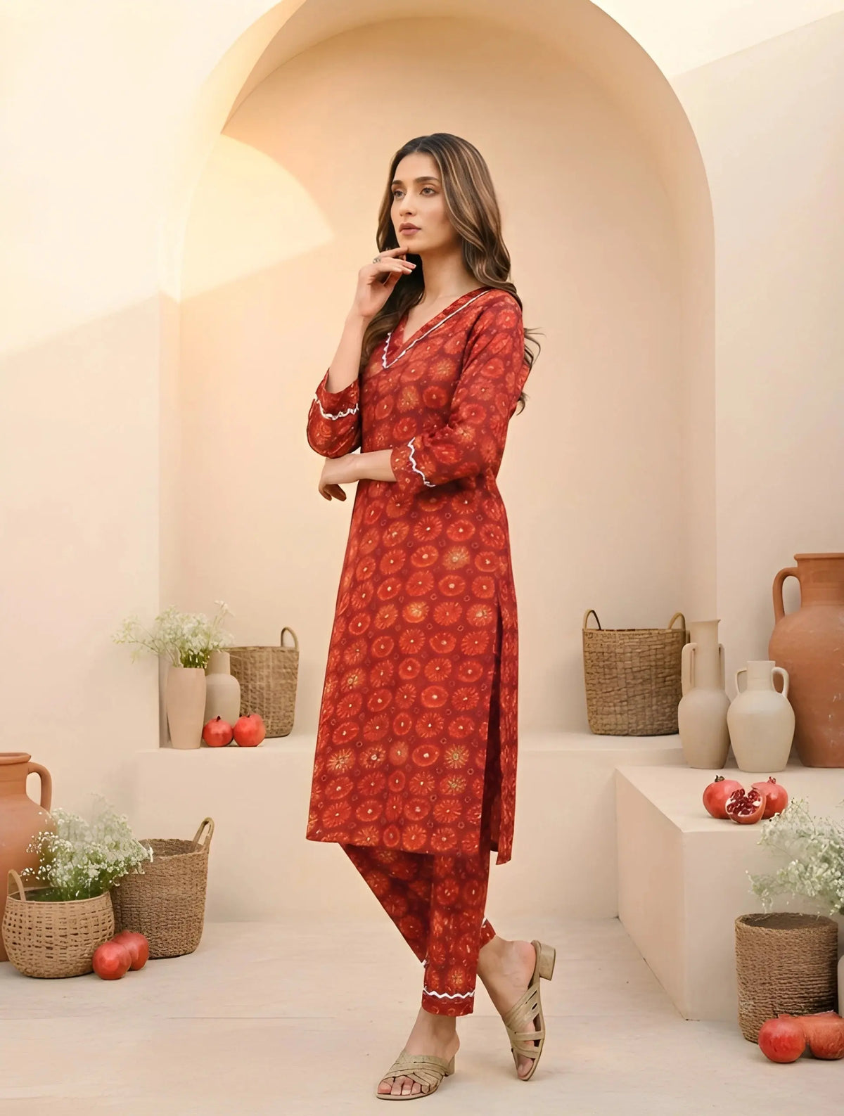 Red Digital Print Kurti side view showing straight silhouette