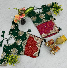 Flat lay of green Mono Silk blouses with gota patti embroidery for Red and Pink Gota Patti Sarees