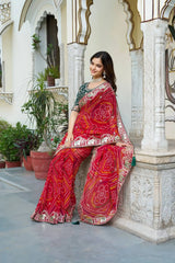 Red Gota Patti Saree green mono silk embroidered blouse neckline detail