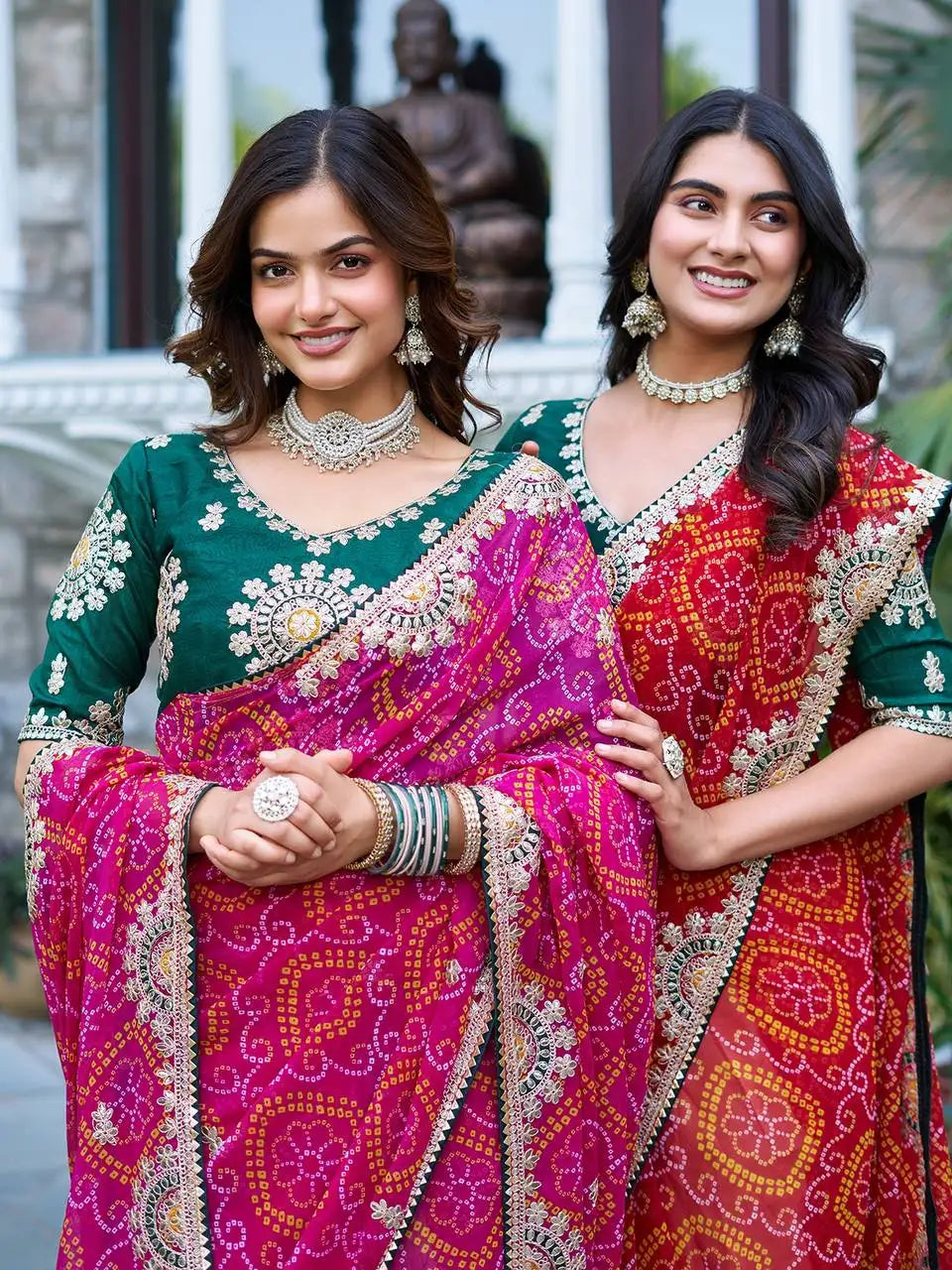 Two models walking in Pink and Red Gota Patti Sarees