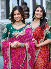 Two models walking in Pink and Red Gota Patti Sarees
