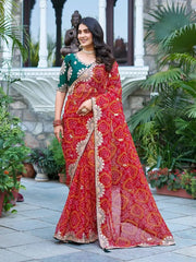 Red Gota Patti Saree with bandhani print and zari border, front drape view