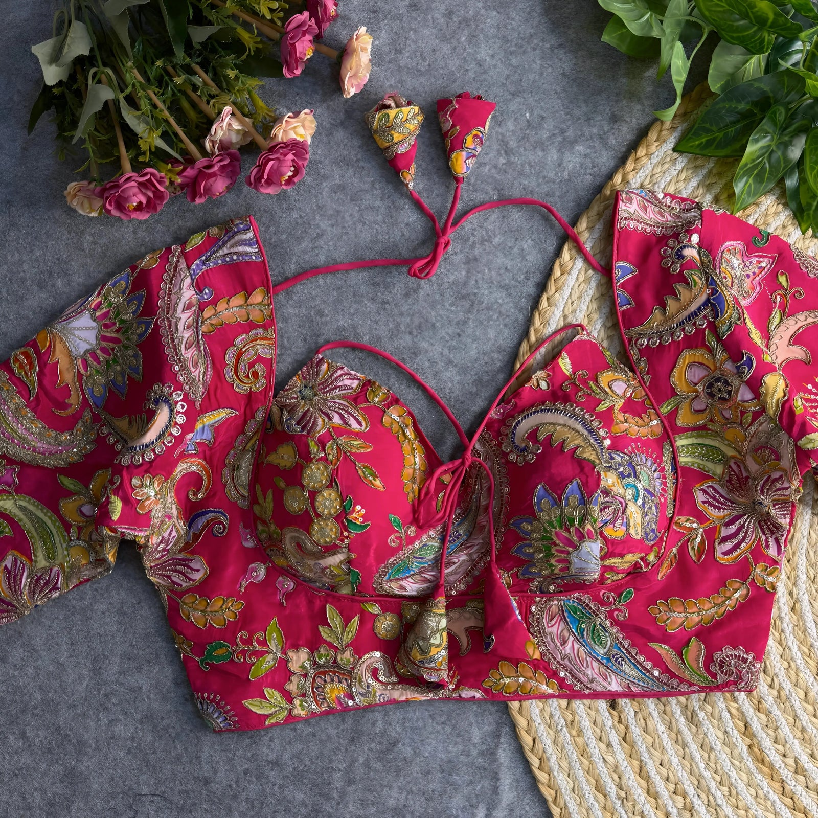 Magenta padded blouse with multicolor floral and paisley embroidery, featuring sequin accents and a tie-back detail, displayed on a grey surface with artificial pink flowers and green leaves in the background.