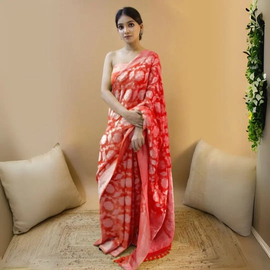 Red Jacquard Work Saree Indoor
