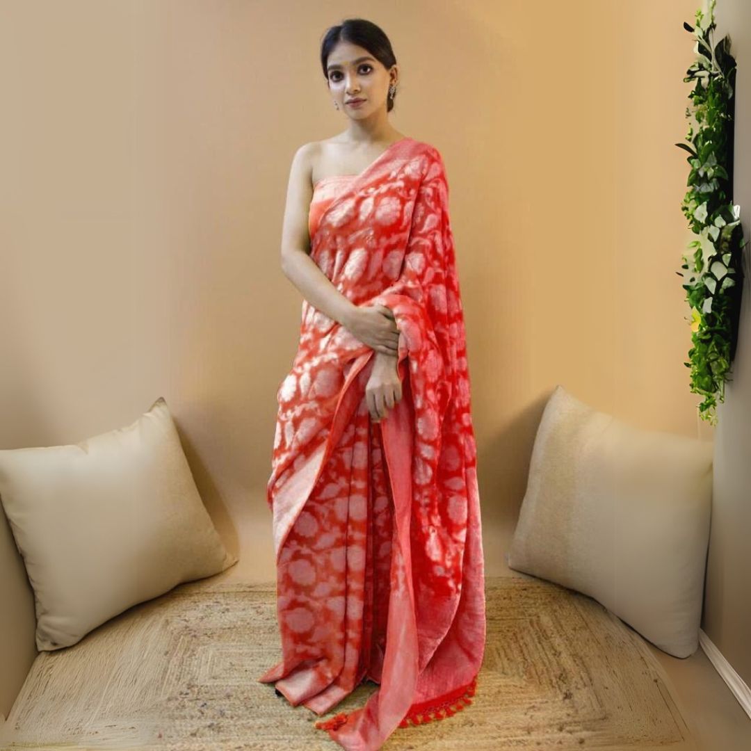 Red Jacquard Work Saree Indoor