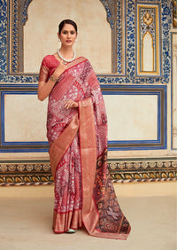Red Ajrakh-Inspired Digital Print Dola Handloom Silk Saree