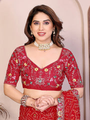 Woman wearing a red embroidered blouse with a matching saree against a neutral background