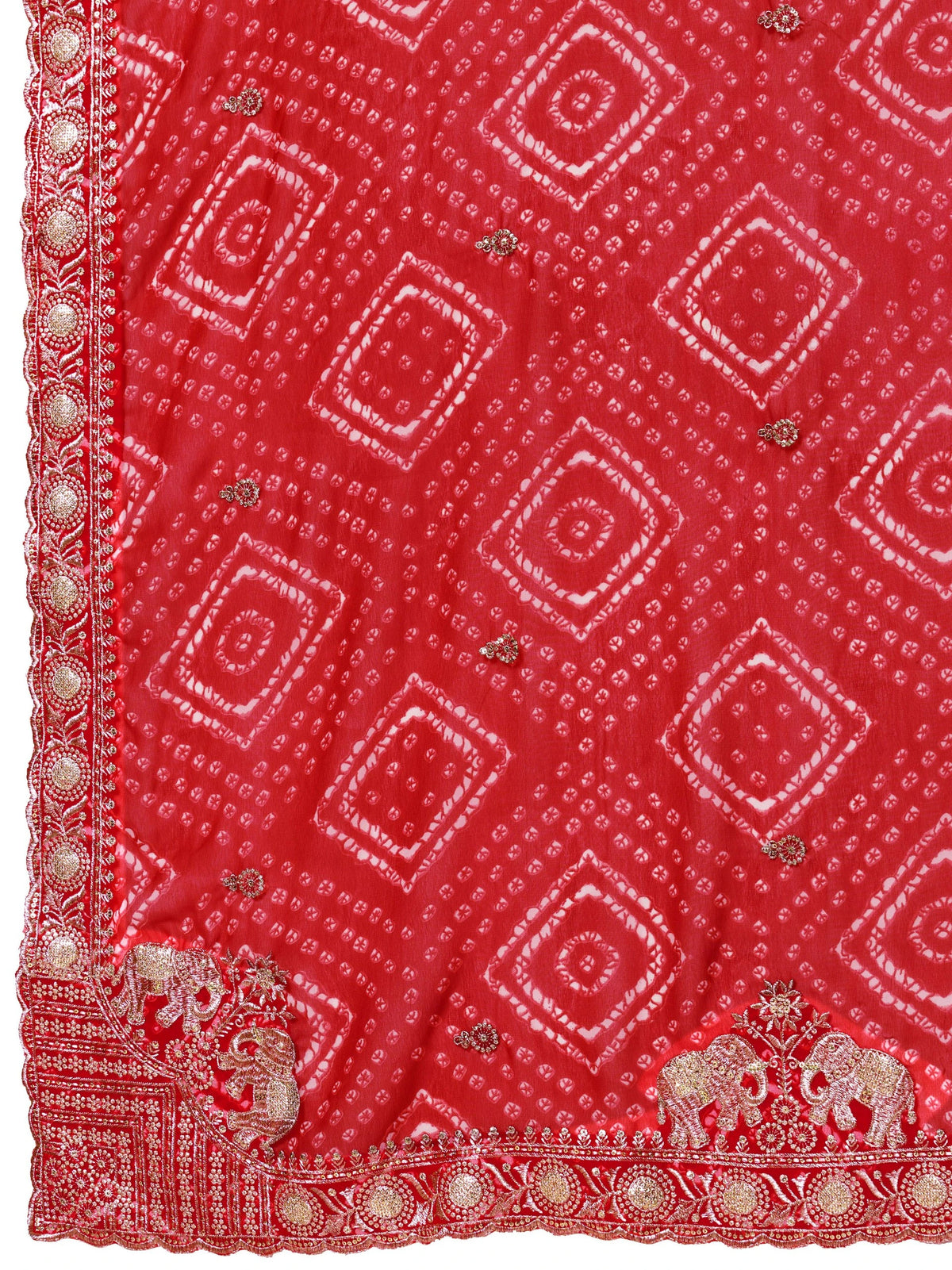 Red fabric with diamond pattern and elephant designs
