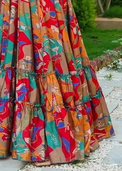 Colorful patterned skirt with a garden background