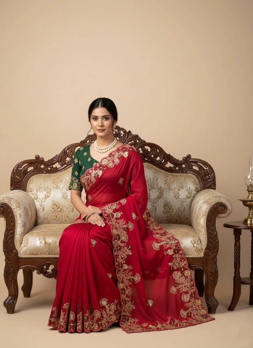 Red Embroidery Work Soft Fendy Chiffon Saree