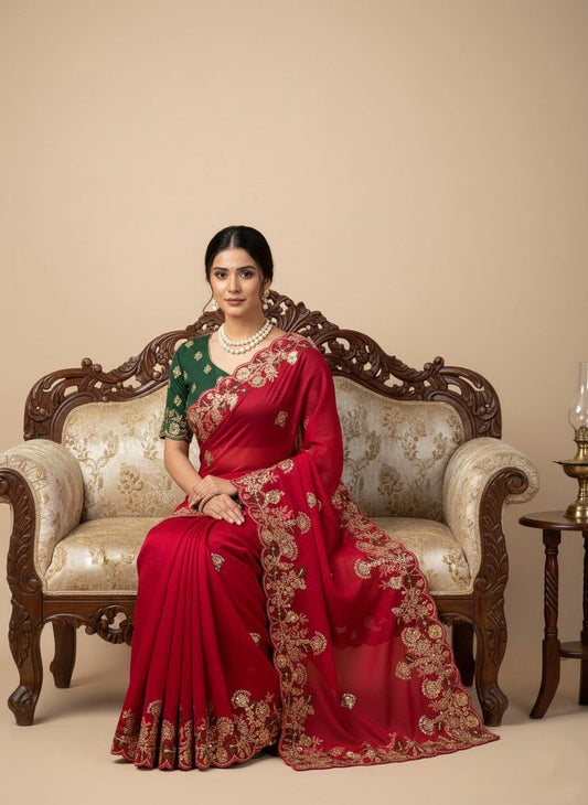 Red Embroidery Work Soft Fendy Chiffon Saree