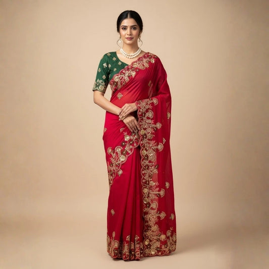 Red Embroidery Work Soft Fendy Chiffon Saree
