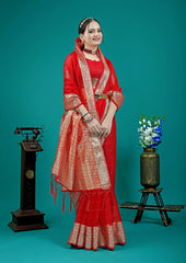 Traditional Banarasi style saree featuring intricate golden weaving work