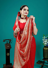 Designer woven saree paired with matching blouse for wedding occasions