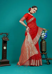 Graceful ethnic saree in vibrant red with luxurious festive appeal.