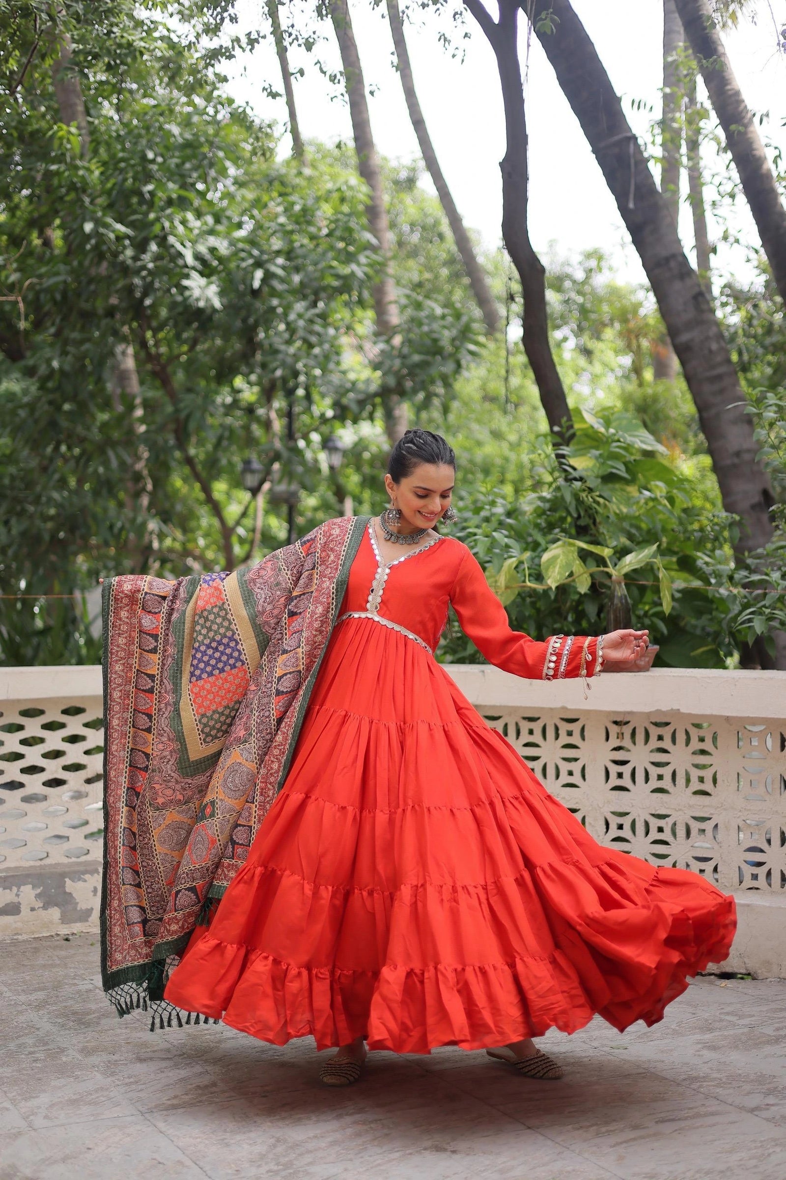 Red Mirror Lace Work Roman Suit