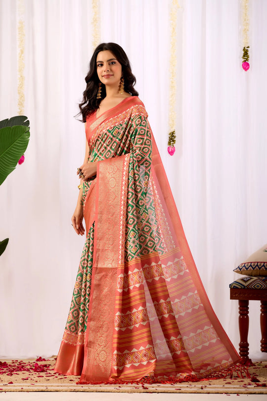 Woman wearing a traditional saree with a white curtain background
