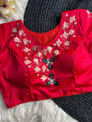 Rich red pure silk blouse with zari hand embroidery, V-neckline, short sleeves and U-back tie-up, ideal for weddings.