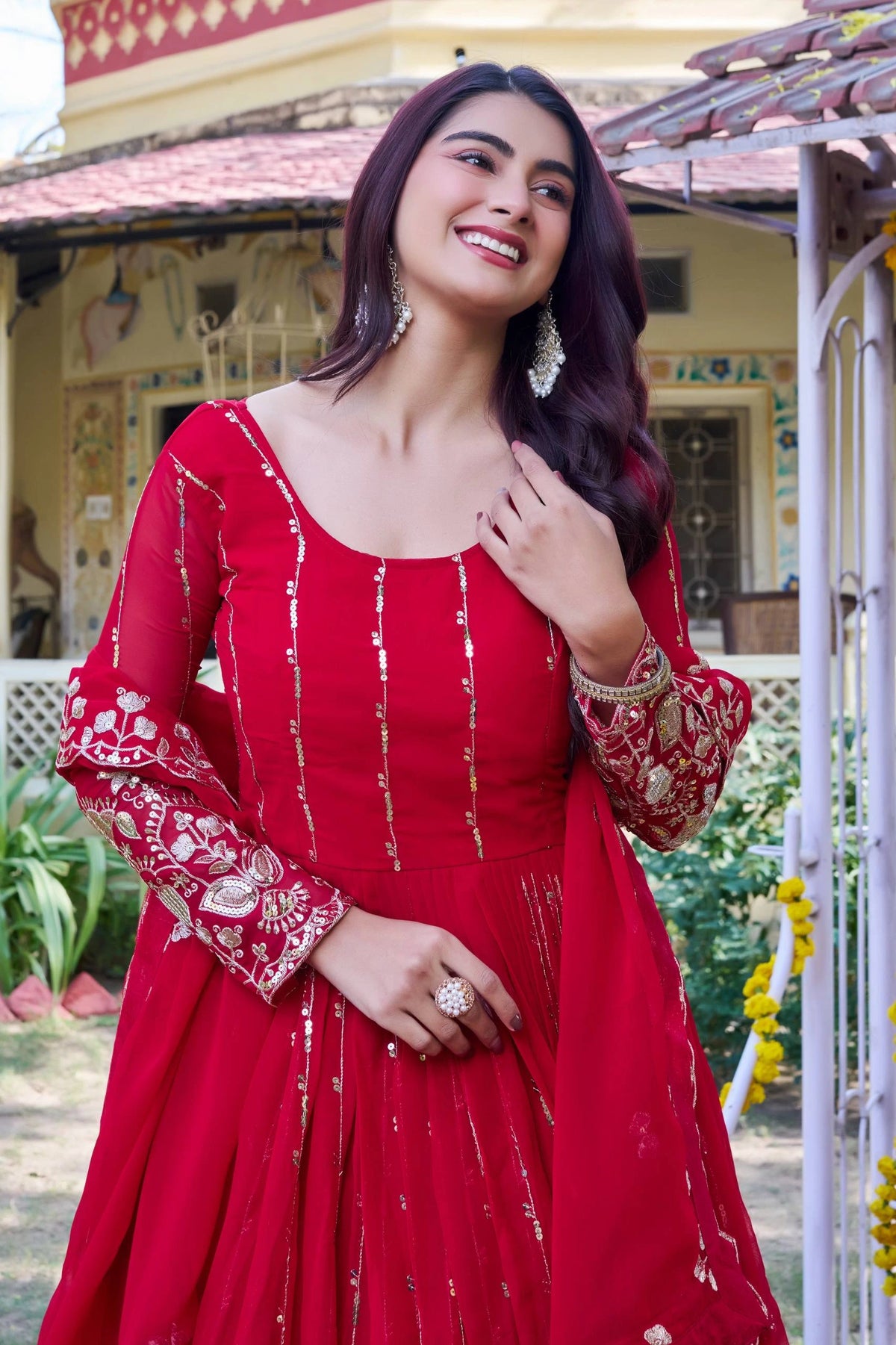 Red Faux Georgette Suit