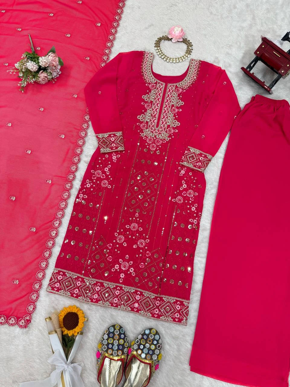 Pink embroidered traditional outfit with accessories on a textured surface