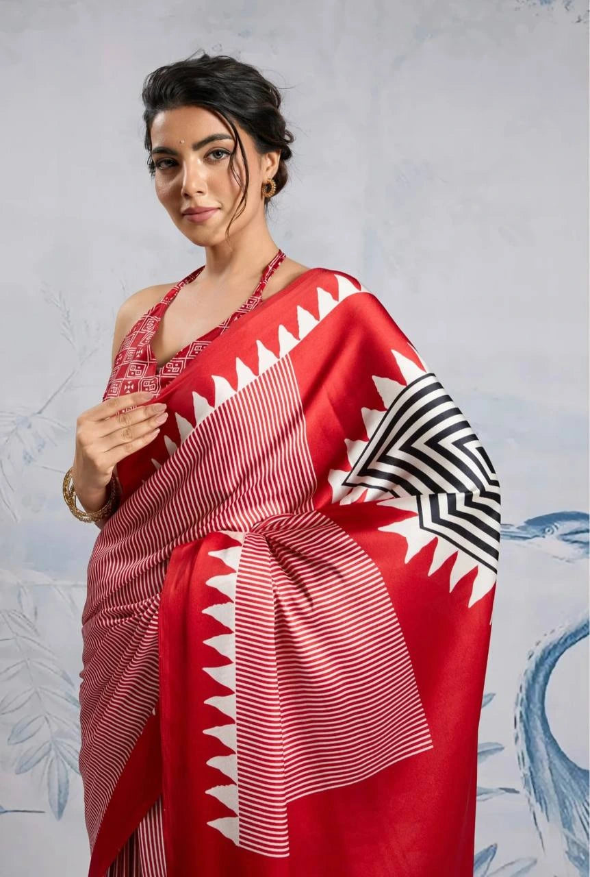 Woman wearing a red saree with white patterns against a light gray background
