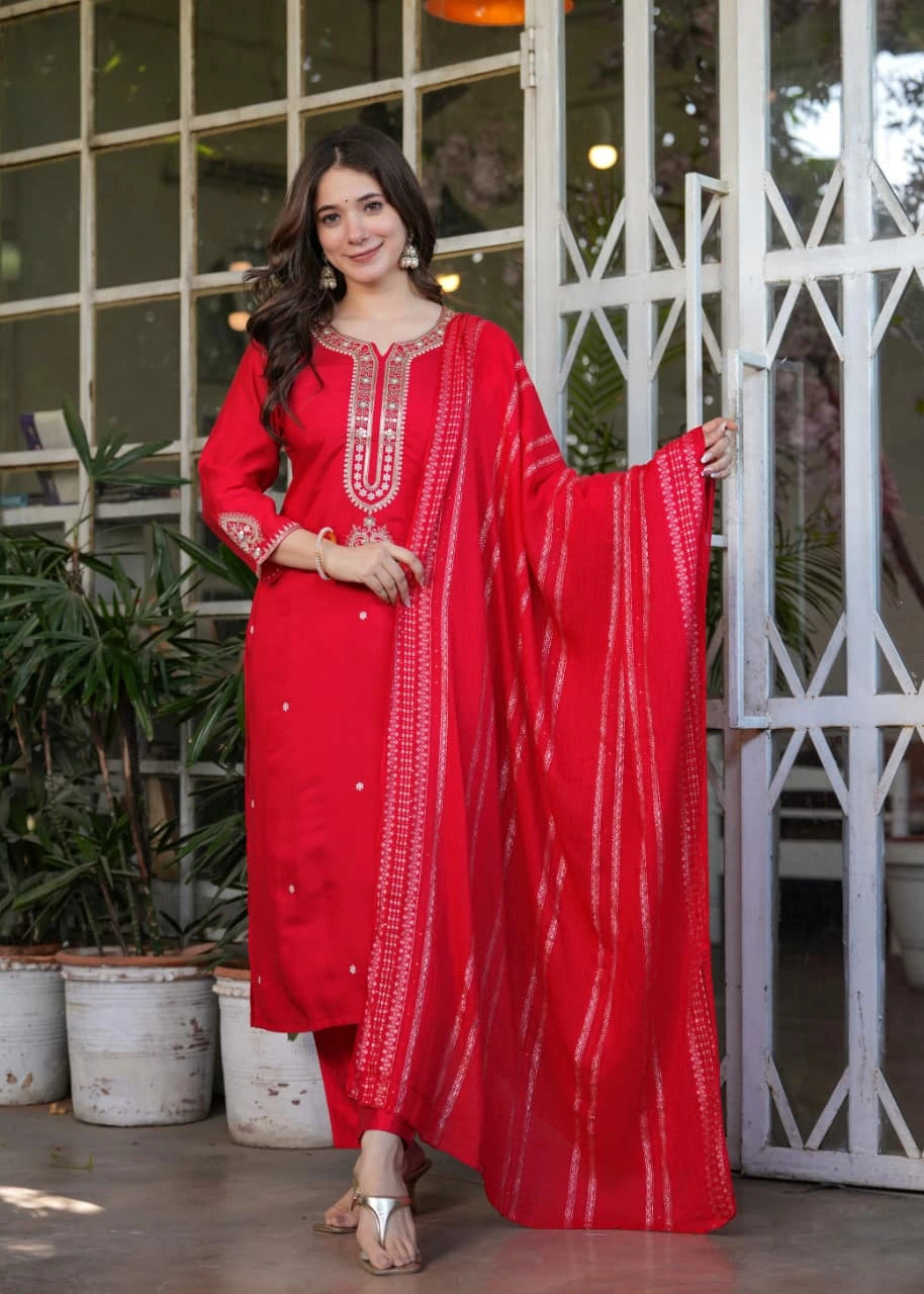 Red Heavy Chanderi Silk Kurti